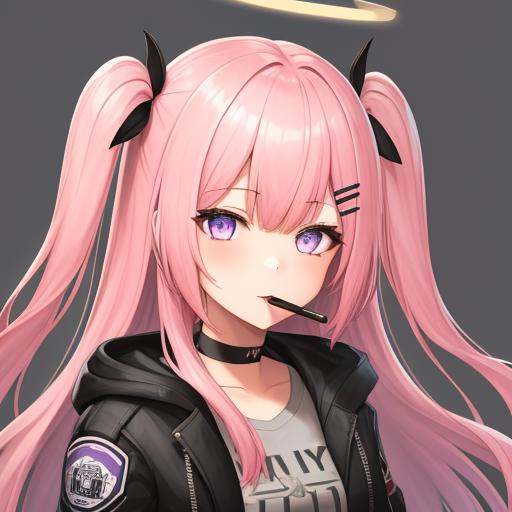 <lora:Ambriel_hand:0.8>， 1girl, anbier, bangs, black choker, black jacket, choker, grey shirt, hair ornament, hairclip, halo, jacket, long hairone side up, pink hair, purple eyes, shirt, simple background, solo, lollipop in mouth, masterpiece, best quality,