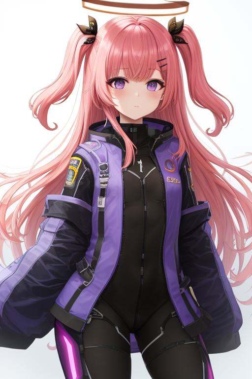 <lora:Ambriel_hand:0.8>， bangs, bhair ornament, hairclip, halo,long hairone side up, pink hair, purple eyes，（bodysuit）, masterpiece, best quality,