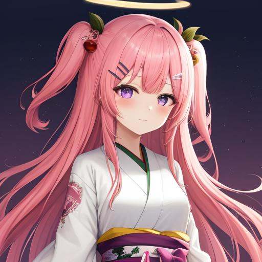 <lora:Ambriel_hand:0.8>， bangs, bhair ornament, hairclip, halo,long hairone side up, pink hair, purple eyes，japanese_clothes, masterpiece, best quality,