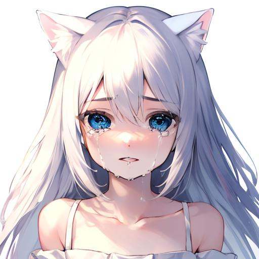 <lora:Ames_best:0.8>,face, Ame, 1girl, animal ears, solo, long hair, blue eyes, crying, tears, cat ears, white background, looking at viewer, simple background, crying with eyes open, signature, dress, collarbone, parted lips, white dress, upper body, bare shoulders, hair between eyes, bangs, masterpiece, best quality,