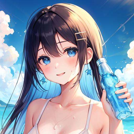 <lora:Ames_best:0.6>,  face, Ame, 1girl, ramune, solo, blue eyes, blue hair, holding, hair ornament, bottle, looking at viewer, cloud, holding bottle, sky, long hair, smile, bangs, collarbone, portrait, day, blue sky, closed mouth, outdoors, sweat, water bottle, summer, blush, star hair ornament, hair between eyes, star \(symbol\), masterpiece, best quality,