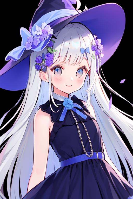 <lora:fruitsrabbit:0.8>,1girl, solo, witch hat, dress, hat, long hair, very long hair, white background, flower, smile, closed mouth, black dress, blush, bow, bangs, sleeveless dress, hair ornament, hair flower, pleated dress, black headwear, hair bow, frills, frilled dress, sleeveless, bare shoulders, blue headwear, purple headwear, simple background, looking at viewer, blue bow, grey hair, grey eyes, purple flower, detached collar, blue dress, one side up, chain, blue flower, masterpiece, best quality,