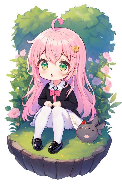 <lora:fruitsrabbit:0.8>,1girl, anya \(spy x family\), pink hair, green eyes, solo, eden academy school uniform, bangs, parted lips, white background, sitting, black dress, school uniform, black footwear, long sleeves, dress, blush, shirt, collared shirt, female child, ahoge, looking at viewer, rabbit, hair between eyes, pantyhose, white pantyhose, wariza, chibi, white shirt, shoes, :o, signature, full body, animal, floral background, simple background, hairpodsr, masterpiece, best quality,