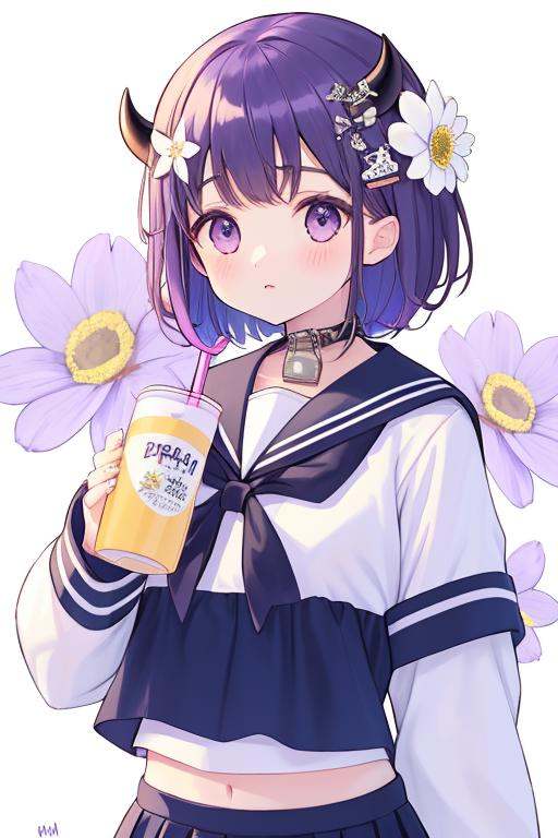 <lora:fruitsrabbit:0.8>, 1girl, horns, skirt, school uniform, hair flower, sailor collar, shirt, holding, flower, long sleeves, solo, white shirt, plaid, hair ornament, drinking straw, neckerchief, looking at viewer, bangs, pleated skirt, bow, serafuku, milk carton, white flower, plaid skirt, blush, hair bow, purple eyes, purple skirt, purple hair, white background, signature, drinking, cow horns, white sailor collar, purple bow, purple sailor collar, short hair, stuffed toy, masterpiece, best quality,