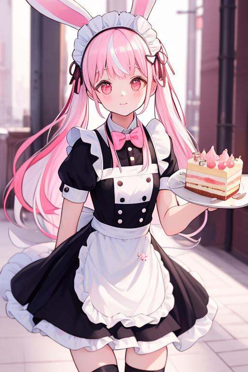 <lora:fruitsrabbit:0.8>,1girl, animal ears, rabbit ears, solo, pink hair, food, white hair, multicolored hair, cake, maid, long hair, thighhighs, twintails, looking at viewer, red eyes, two-tone hair, pink eyes, maid headdress, masterpiece, best quality,