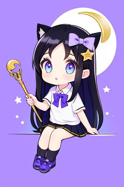 <lora:fruitsrabbit:0.8>,1girl, skirt, shirt, animal, long hair, wand, bow, star \(symbol\), black hair, white shirt, on head, parted lips, short sleeves, chibi, sitting, hair bow, blush, holding, collared shirt, pleated skirt, bangs, very long hair, purple bow, solo, purple skirt, white socks, socks, looking at viewer, :o, shoes, holding wand, animal on head, crescent moon, parted bangs, blue skirt, purple footwear, cat, hair ornament, blue bow, purple background, moon, neck ribbon, full body, blue eyes, masterpiece, best quality,