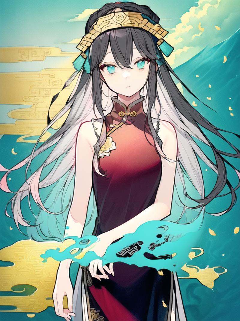 1girl,<lora:chiang_v7:0.8>  ，Hide hands，(illustration:1.8),(best quality),(masterpiece:1.5),masterpiece,png,(extremely detailed CG unity 8k wallpaper), (colorful),warm,Chinese style,(ink splashing),(color splashing),((watercolor)),(1 Chinese girl:1.8),solo, depth of field,dramatic angle,(Silver detailed cyan_ribbon and white flowers in the girl's long black_hair:1.25), (detailed black_hair:1.35), ,((gold_black Taoist robes:1.35)),(braid), (detailed beautiful face:1.3),detailed symmetrical_Blue_eyes,,(Ancient palace background far away:1.55),A slight light, (pink flower:1.2),chiaroscuro, ((lotus) in beautiful detailed flowing_clouds_sea:1.3), Rayleigh scattering,(feather headdress:1.15)