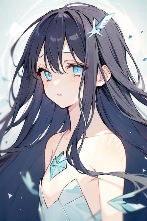 1girl,<lora:chiang_v7:0.8>  ，a girl, solo, bare shoulders, flat_chest, diamond and glaring eyes, beautiful detailed cold face, very long blue and sliver hair, floating black feathers, wavy hair, extremely delicate and beautiful girls, beautiful detailed eyes, glowing eyes