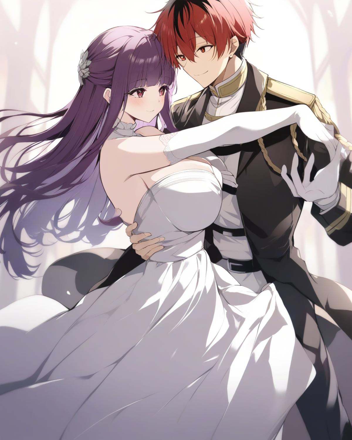 masterpiece,best quality,<lora:fulilaim_all-000020:1>,1boy,1girl,fern \(sousou no frieren\),stark \(sousou no frieren\),smile,red eyes,elbow gloves,long dress,military uniform,white dress,absurdres,aiguillette,dancing,formal,highres,risumi \(taka-fallcherryblossom\),sousou no frieren,