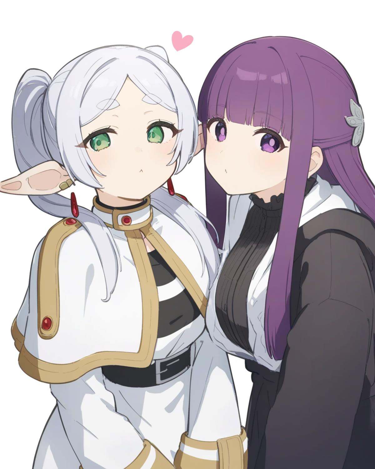masterpiece,best quality,<lora:fulilaim_all-000020:1>,2girls, fern \(sousou no frieren\), frieren, simple background, white background, looking at viewer, black coat, black shirt, open shirt, striped clothes, striped shirt, white capelet, white dress, white shirt, hand on another&#039;s shoulder, long sleeves, :&lt;, blowing kiss, commentary request, gold trim, highres, hoshi umi, o3o, sousou no frieren