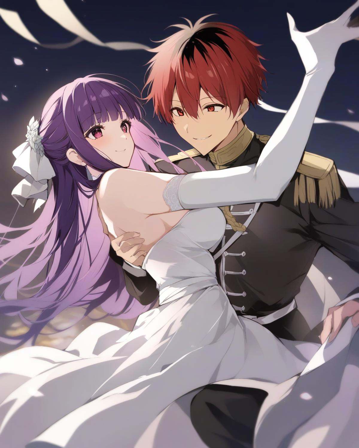 masterpiece,best quality,<lora:fulilaim_all-000020:1>,1boy, 1girl, fern \(sousou no frieren\), stark \(sousou no frieren\), smile, red eyes, elbow gloves, long dress, military uniform, white dress, absurdres, aiguillette, dancing, formal, highres, risumi \(taka-fallcherryblossom\), sousou no frieren