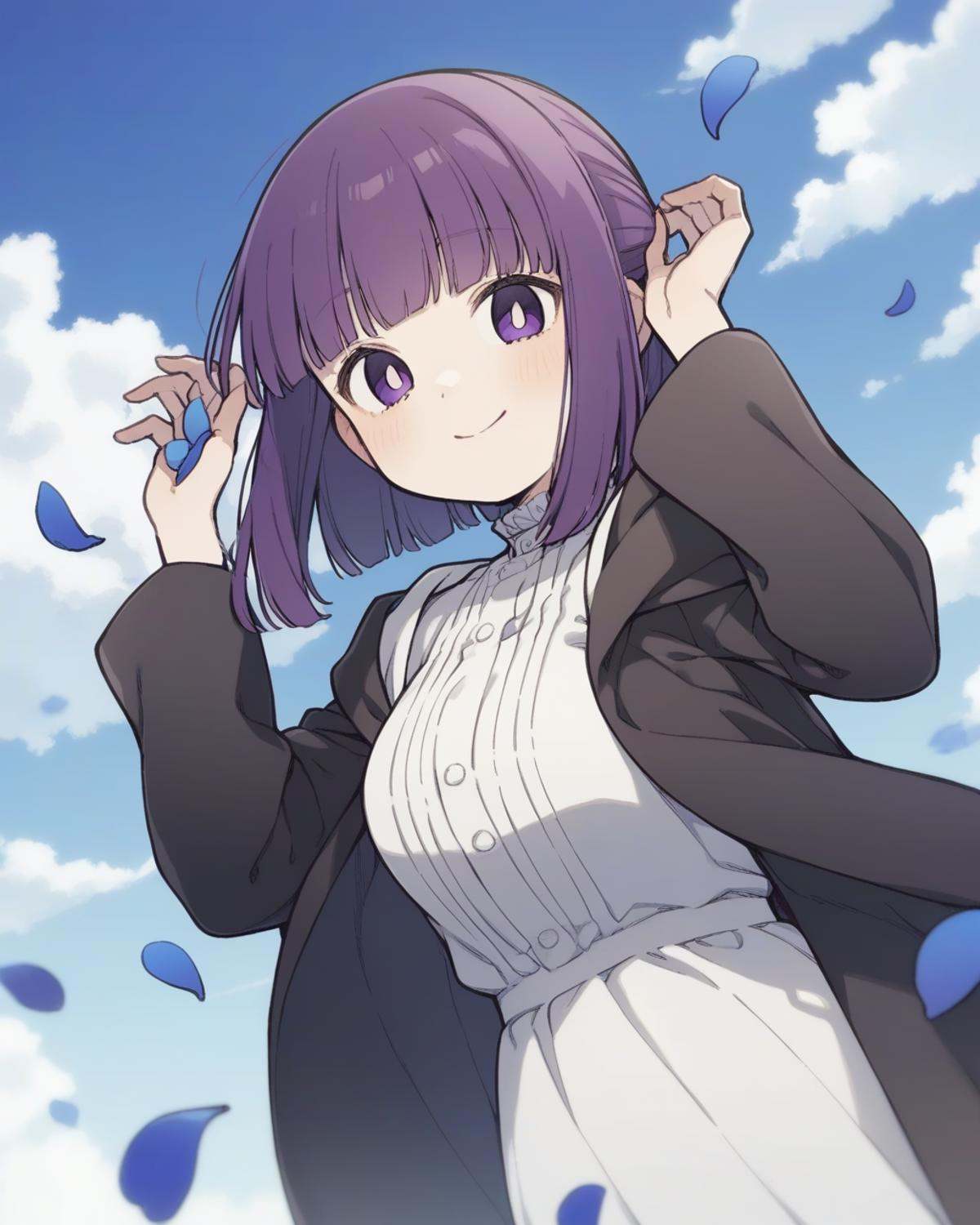 masterpiece,best quality,<lora:fulilaim_all-000020:1>,1girl, fern \(sousou no frieren\), solo, upper body, falling petals, hands up, looking at viewer, smile, closed mouth, bright pupils, alternate hair length, short hair, black robe, white dress, long sleeves, absurdres, blue petals, blue sky, cloud, commentary request, ene mizunoawa, highres, sousou no frieren