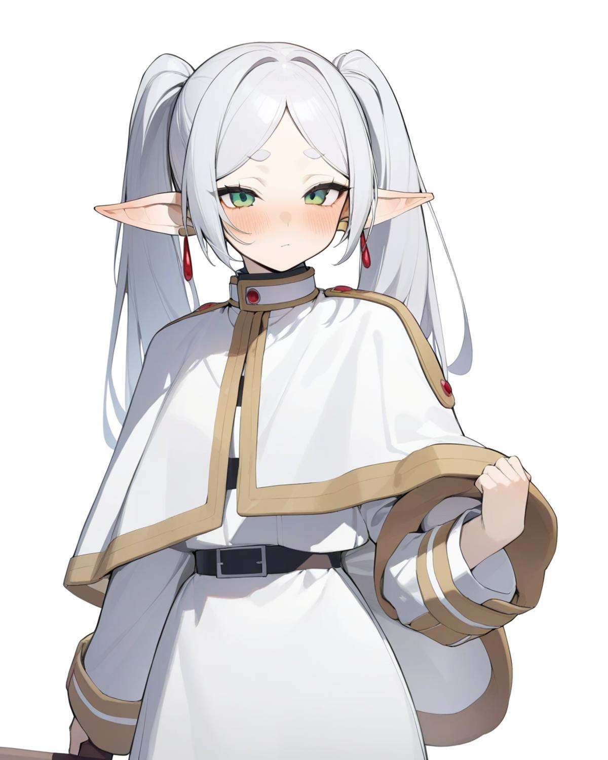 masterpiece,best quality,<lora:fulilaim_all-000020:1>,1girl, frieren, simple background, white background, holding, looking at viewer, standing, blush, closed mouth, hair between eyes, long sleeves, earrings, absurdres, highres, mo \(mo80 rr\), sousou no frieren