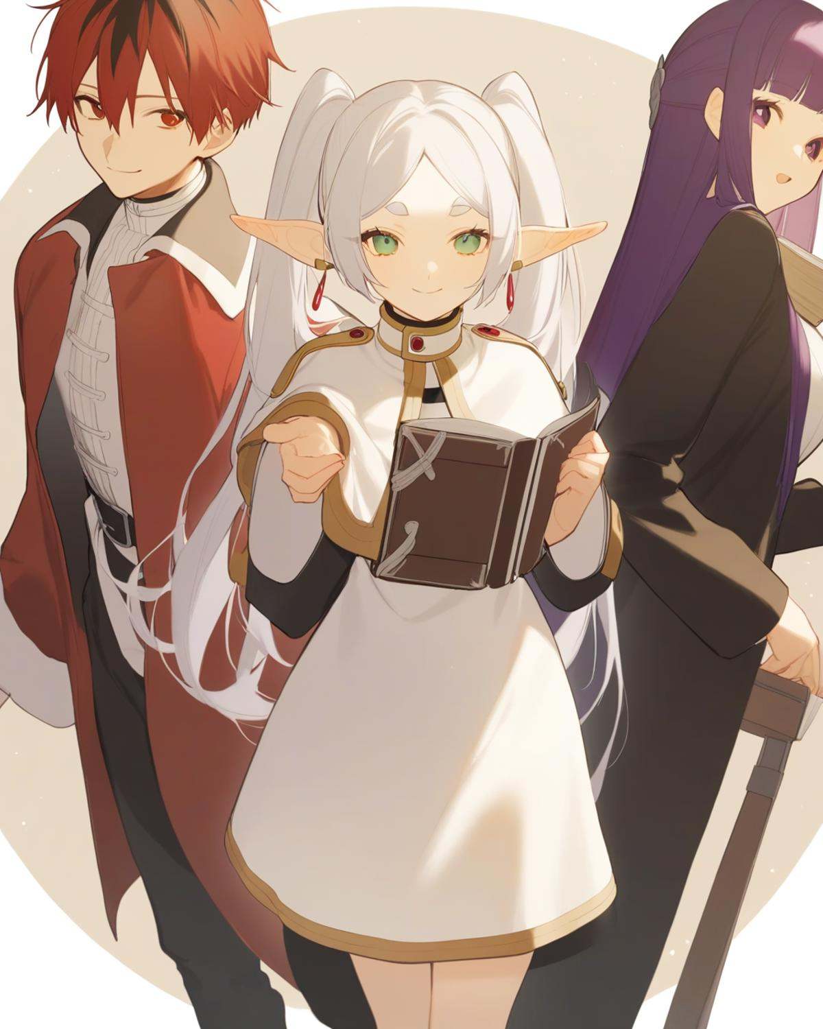 masterpiece,best quality,<lora:fulilaim_all-000020:1>,1boy, 2girls, fern \(sousou no frieren\), frieren, stark \(sousou no frieren\), feet out of frame, holding book, looking at viewer, smile, closed mouth, open mouth, black jacket, black pants, capelet, red coat, white dress, long sleeves, bsq, highres, invisible chair, sousou no frieren, suitcase