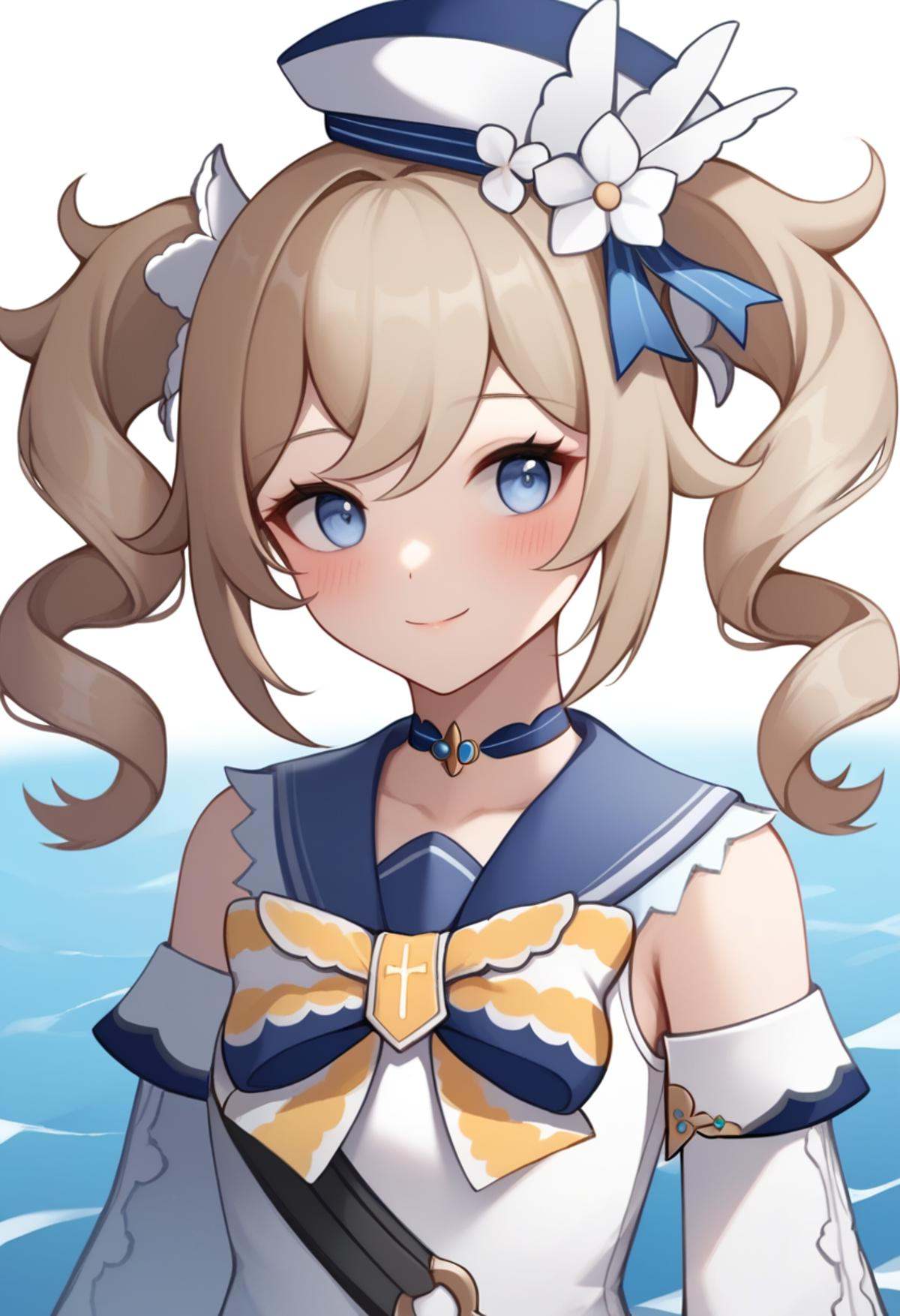 score_9,score_8_up,score_7_up,<lora:barbara_pony:1>,absurdres,sleeveless_dress,barbara_\(genshin_impact\),1girl,detached_sleeves,white_sleeves,blue_sailor_collar,hair_flower,solo,highres,upper_body,long_sleeves,official_alternate_costume,commentary_request,striped_bow,blush,white_hat,barbara_\(summertime_sparkle\)_\(genshin_impact\),smile,day,white_dress,bare_shoulders,ringlets,white_flower,closed_mouth,mini_hat,sailor_dress,
