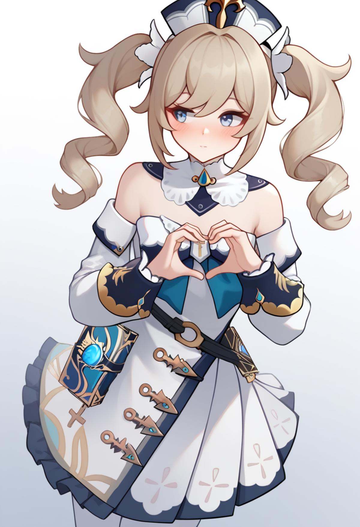 score_9,score_8_up,score_7_up,<lora:barbara_pony:1>,book_holster, detached_collar, white_pantyhose, barbara_\(genshin_impact\), 1girl, detached_sleeves, white_sleeves, twin_drills, solo, looking_to_the_side, highres, blush, white_dress, bare_shoulders, heart_hands
