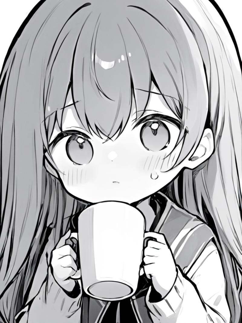 ultra-detailed,(best quality),((masterpiece)),(highres),original,extremely,<lora:keainiex_xl:1>,keainie, monochrome, greyscale, cup, long hair, hair between eyes, holding cup, bangs, 1girl, holding, white background, mug, drinking, jitome, chibi, simple background, sweatdrop, solo