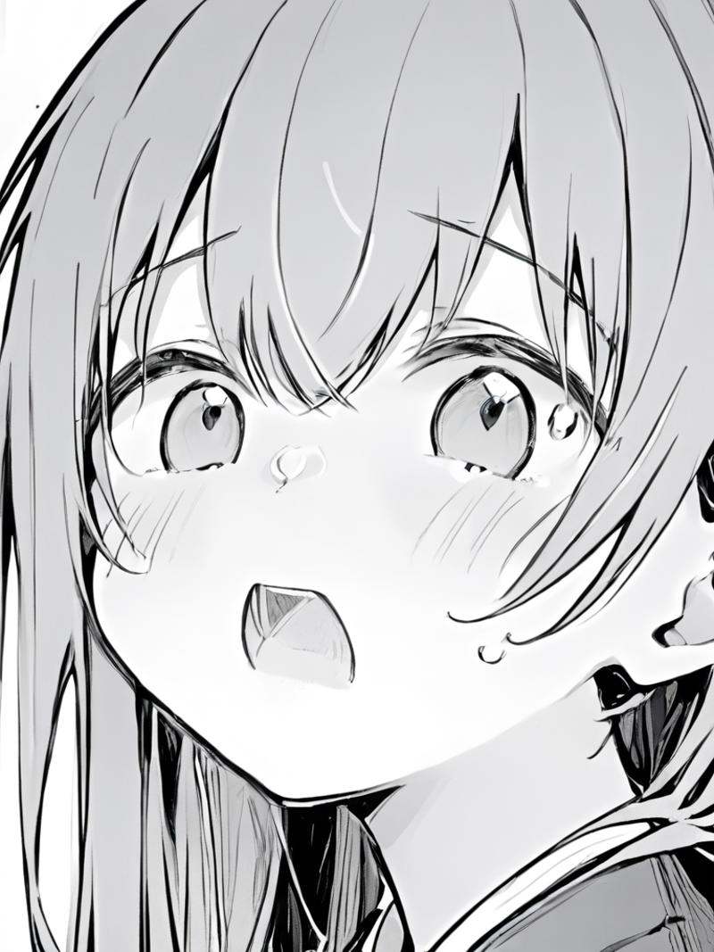 ultra-detailed,(best quality),((masterpiece)),(highres),original,extremely,<lora:keainiex_xl:1>,keainie, 1girl, monochrome, solo, greyscale, long hair, white background, simple background, bangs, sweatdrop, sweat, :o, parted lips, shirt, hair between eyes, open mouth, portrait