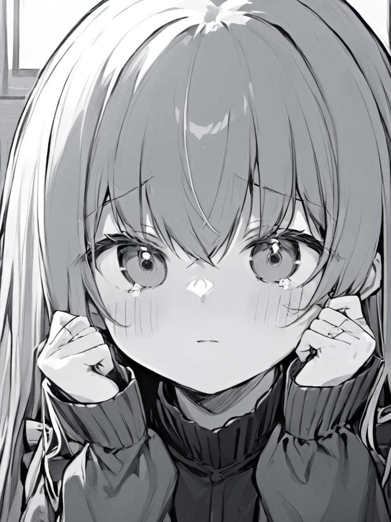 ultra-detailed,(best quality),((masterpiece)),(highres),original,extremely,<lora:keainiex_xl:1>,keainie, 1girl, greyscale, monochrome, solo, long sleeves, :<, bangs, hair between eyes, hands up, long hair, closed mouth, tears, looking at viewer, upper body, puffy sleeves, crossed bandaids