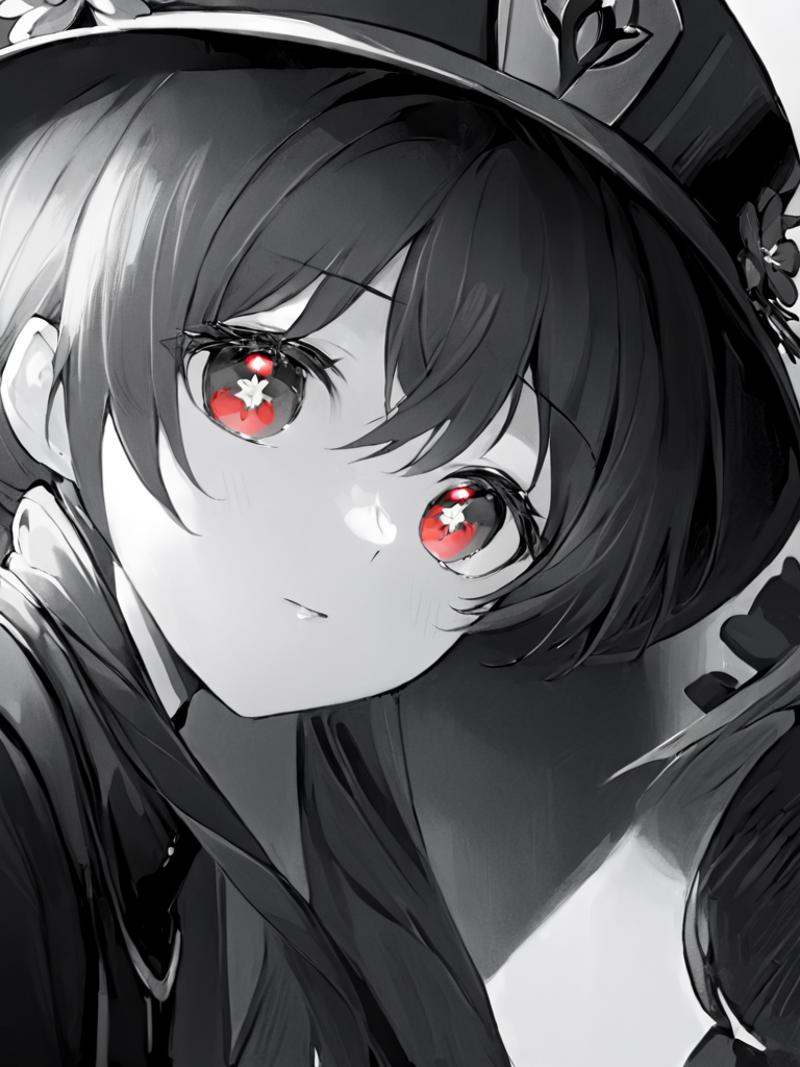 ultra-detailed,(best quality),((masterpiece)),(highres),original,extremely,<lora:keainiex_xl:1>,keainie,1girl,greyscale,monochrome,<lora:hutao2x_xl:1>,hutao,1girl,jewelry,hat,flower,red eyes,