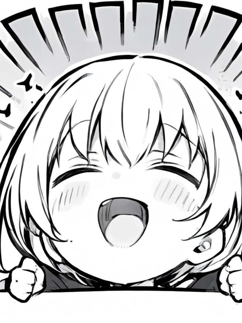 ultra-detailed,(best quality),((masterpiece)),(highres),original,extremely,<lora:keainiex_xl:1>,keainie,greyscale,1girl,monochrome,solo,closed eyes,anger vein,open mouth,smile,border,chibi,