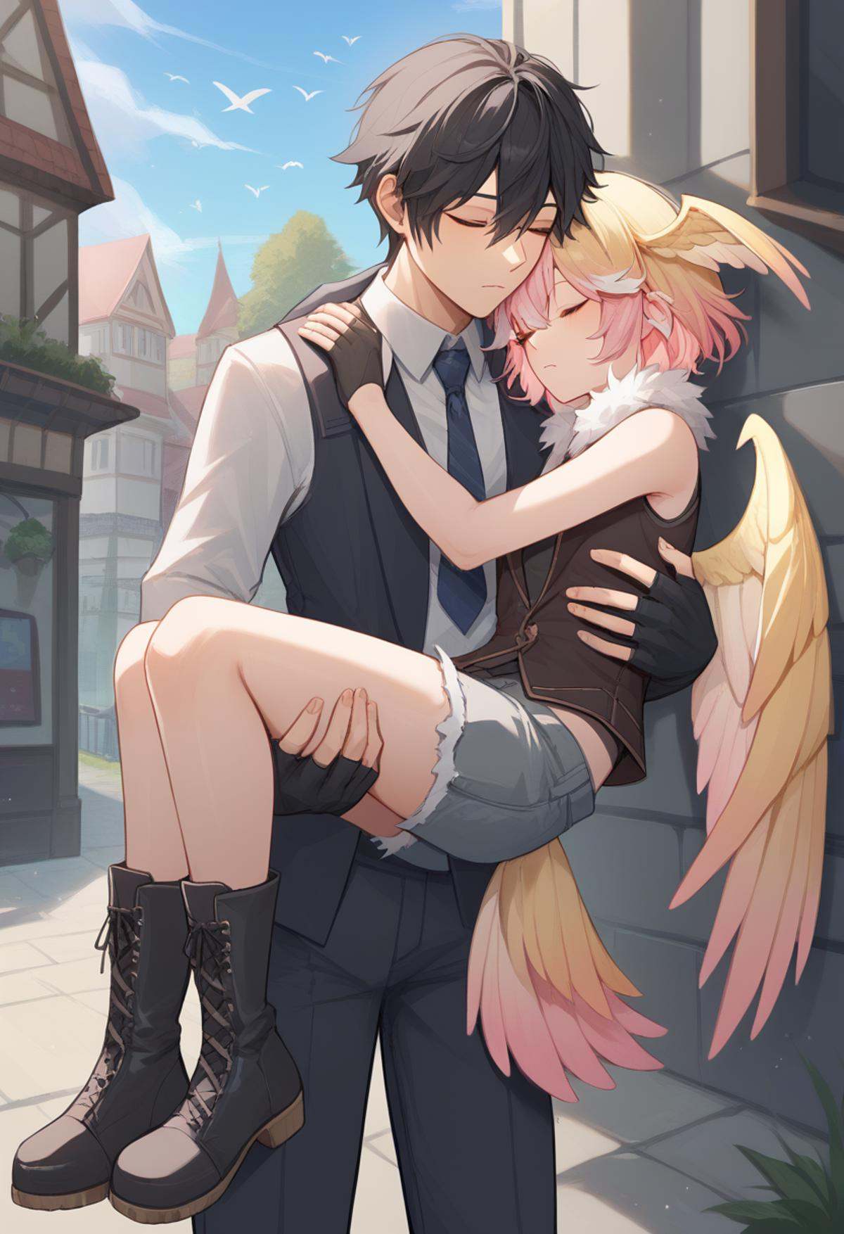 score_9,score_8_up,score_7_up,<lora:princess_carry_pony_pony:1>,multiple girls, 2girls, bird girl, outdoors, carrying, sleeping, looking at another, bird tail, tail, closed eyes, brown eyes, multicolored hair, short hair, pink hair, black hair, grey hair, white hair, brown hair, blonde hair, gloves, shirt, pantyhose, skirt, vest, shorts, pants, elbow gloves, fingerless gloves, open vest, open clothes, jacket, shoes, boots, black shirt, pleated skirt, grey skirt, black footwear, fur collar, short sleeves, sleeveless, frills, bare shoulders, wings, bird wings, head wings, cutoffs, pocket, fur trim, princess carry