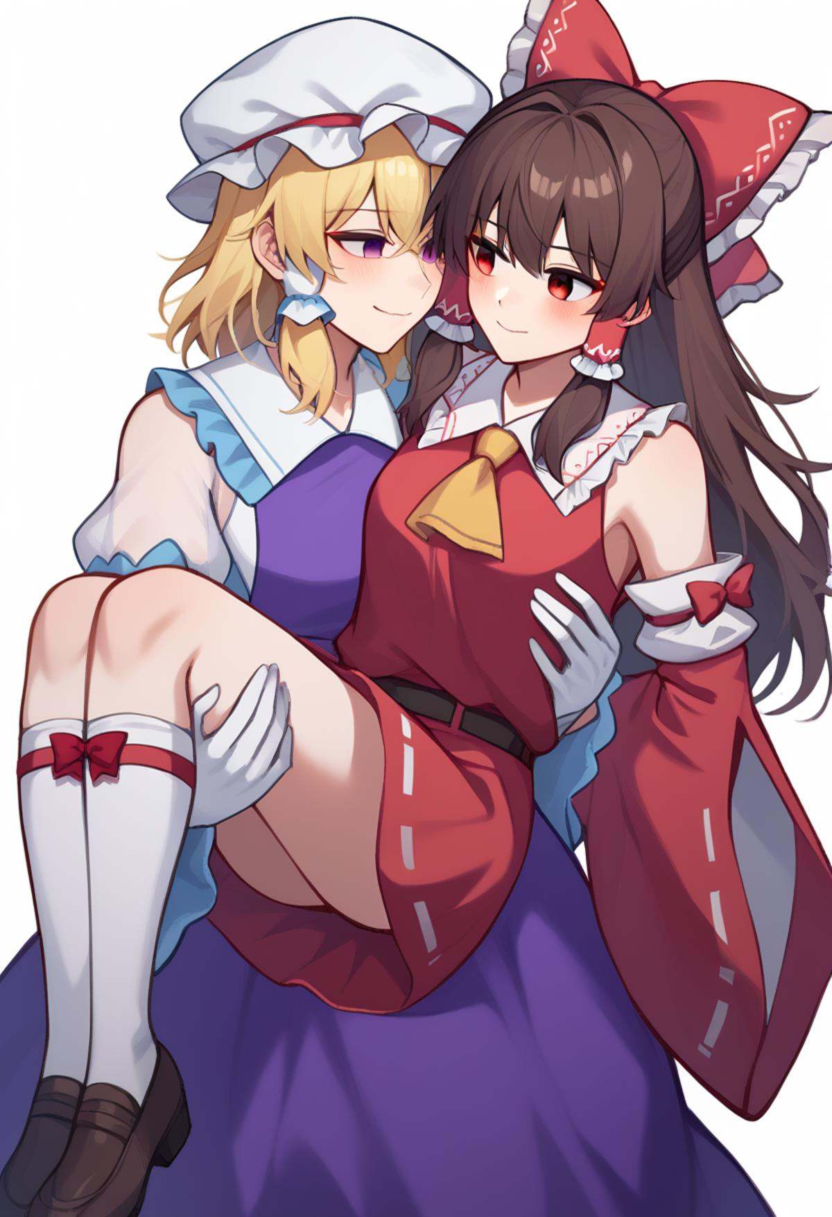 score_9,score_8_up,score_7_up,<lora:princess_carry_pony_pony:1>,multiple girls, 2girls, character: yakumo yukari, character: hakurei reimu, style: sketch, white background, simple background, carrying, blush, smile, closed mouth, red eyes, purple eyes, empty eyes, blonde hair, brown hair, long hair, frilled hair tubes, hair bow, hair tubes, sidelocks, hat, purple dress, dress, mob cap, white headwear, white gloves, skirt, red skirt, gloves, hat ribbon, socks, bow, detached sleeves, red bow, red ribbon, ribbon, frills, wide sleeves, long sleeves, puffy sleeves, frilled bow, bound wrists, bound, yuri, princess carry
