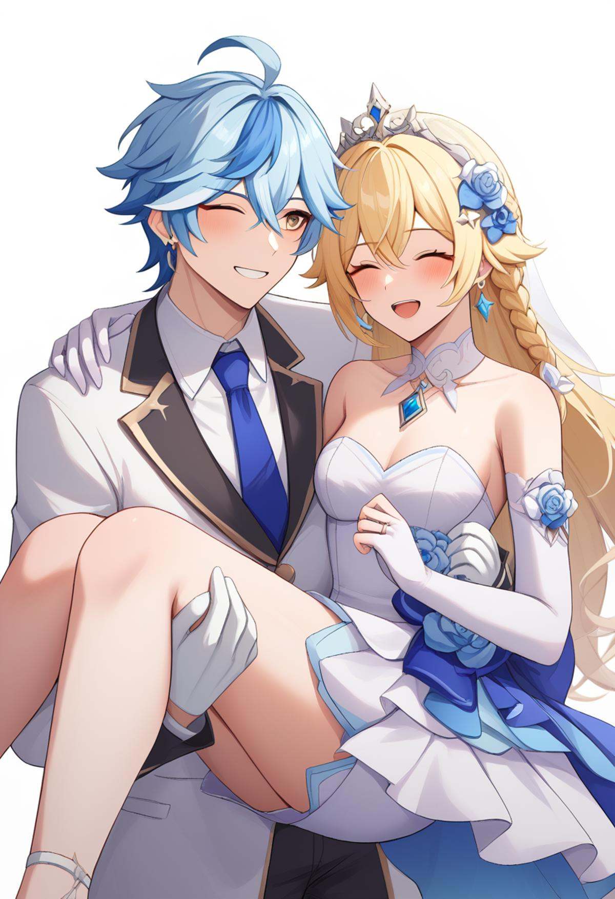 score_9,score_8_up,score_7_up,<lora:princess_carry_pony_pony:1>,1girl, 1boy, character: aether (genshin impact), character: furina (genshin impact), white background, simple background, carrying, hetero, smile, blush, grin, open mouth, teeth, closed eyes, yellow eyes, hair between eyes, one eye closed, blonde hair, blue hair, multicolored hair, long hair, white hair, two-tone hair, light blue hair, ahoge, hair flower, hair ornament, braid, single braid, dress, gloves, white dress, wedding dress, alternate costume, elbow gloves, white gloves, white jacket, jacket, shirt, strapless dress, jewelry, necktie, bare shoulders, earrings, ring, wedding ring, flower, blue flower, wedding, strapless, princess carry