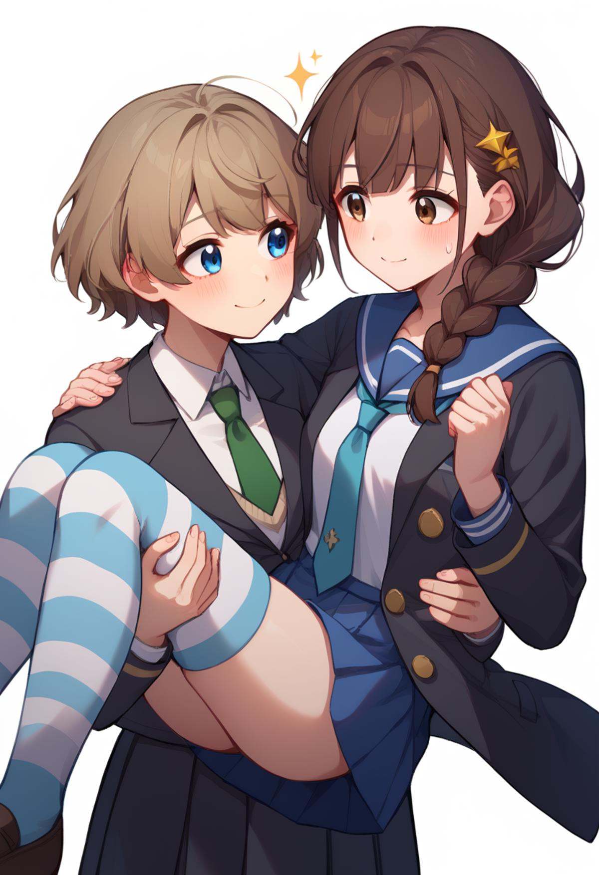 score_9,score_8_up,score_7_up,<lora:princess_carry_pony_pony:1>,2girls, multiple girls, character: lynette bishop, character: miyafuji yoshika, white background, simple background, carrying, blush, smile, closed mouth, blue eyes, brown eyes, brown hair, short hair, long hair, braid, single braid, striped thighhighs, thighhighs, striped clothes, jacket, school uniform, shirt, no pants, black jacket, white shirt, necktie, blue sailor collar, sailor collar, green necktie, long sleeves, yuri, sparkle, neckerchief, princess carry