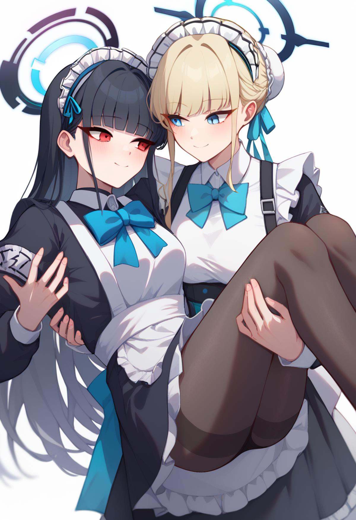 score_9,score_8_up,score_7_up,<lora:princess_carry_pony_pony:1>,multiple girls, 2girls, character: rio (blue archive), character: toki (blue archive), maid headdress, maid, maid apron, white background, simple background, carrying, blush, smile, red eyes, blue eyes, black hair, blonde hair, long hair, very long hair, hair bun, hair ornament, blunt bangs, bun cover, pantyhose, black pantyhose, skirt, apron, sweater, turtleneck sweater, jacket, black skirt, white sweater, black jacket, white apron, dress, halo, blue halo, turtleneck, long sleeves, bow, bowtie, yuri, princess carry