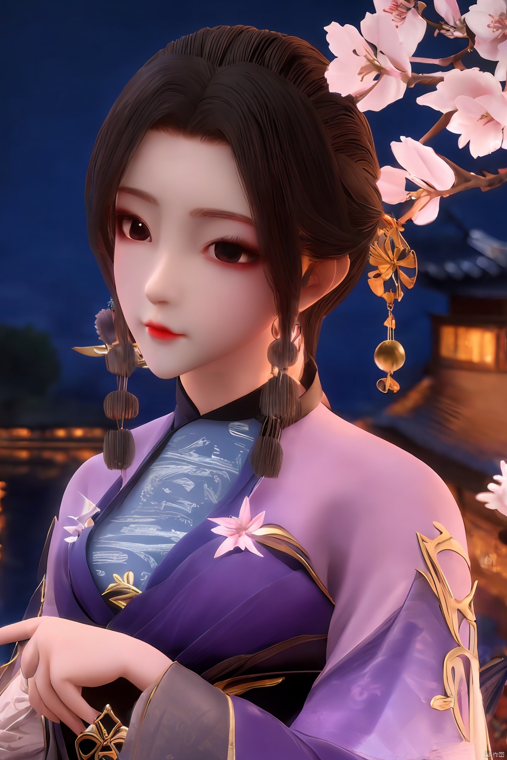  Upper body, panoramic view, exploring cherry blossom branches, fairyland, light blue elements, night, side light shining on the face,Xlujiejie,Xyunxi, Xlongnv, Yunxiao_Fairy,Xtianhu