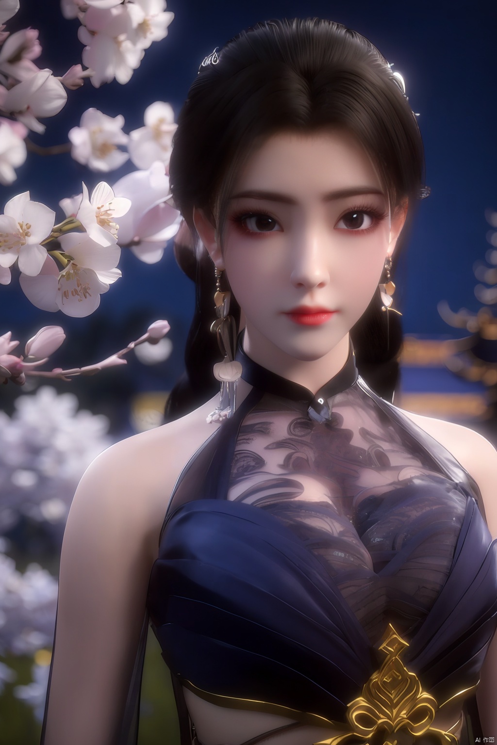  Upper body, panoramic view, exploring cherry blossom branches, fairyland, light blue elements, night, side light shining on the face,Xlujiejie,Xyunxi, Xlongnv, Yunxiao_Fairy,Xtianhu