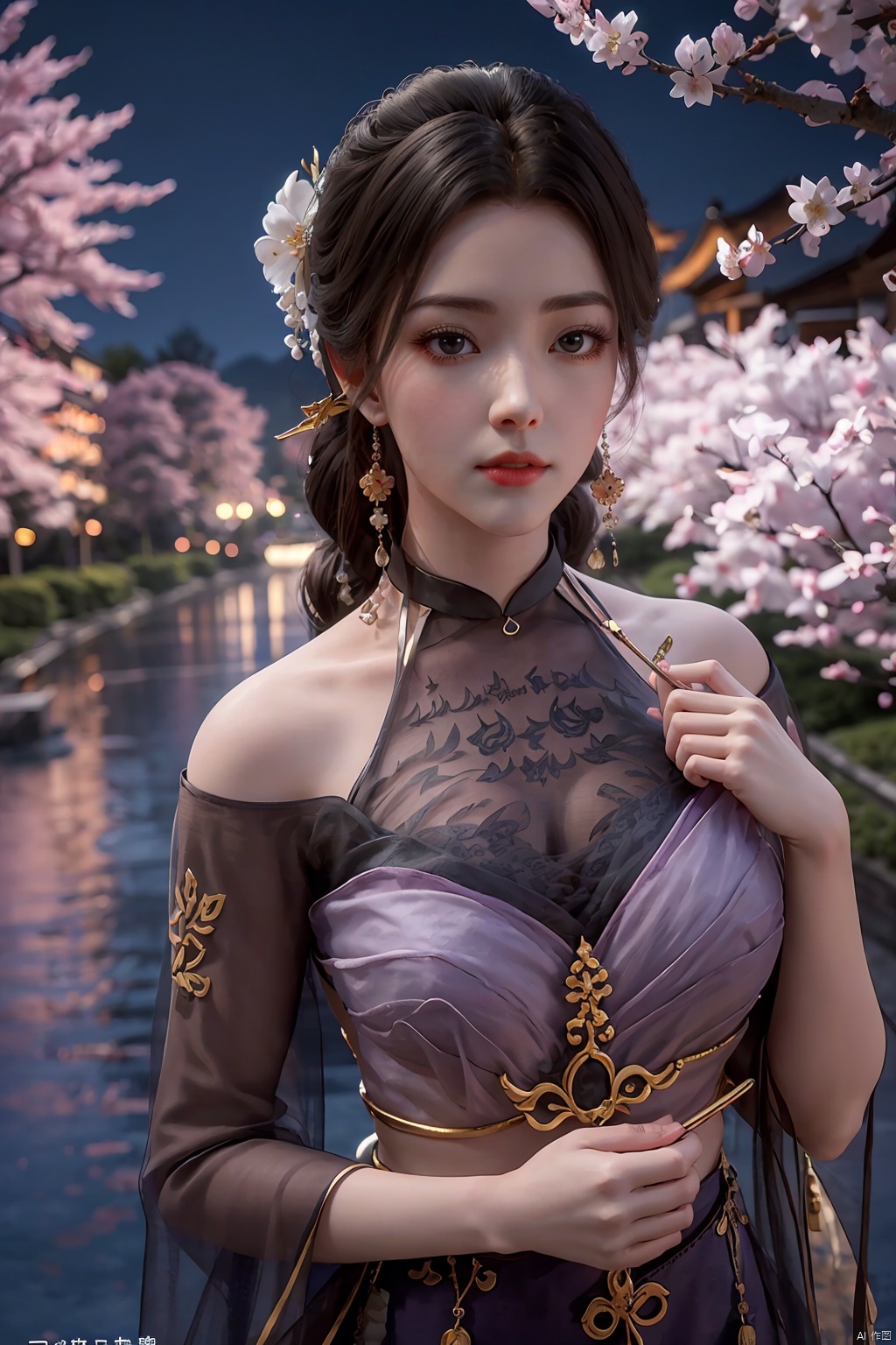  Upper body, panoramic view, exploring cherry blossom branches, fairyland, light blue elements, night, side light shining on the face,Xlujiejie
