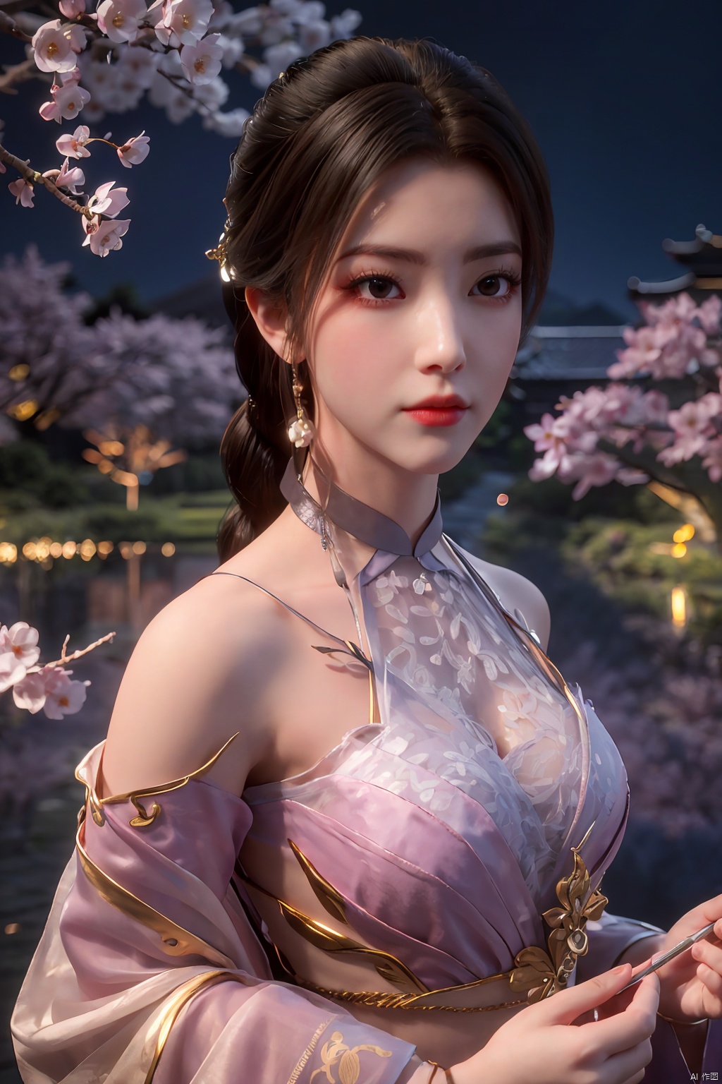  Upper body, panoramic view, exploring cherry blossom branches, fairyland, light blue elements, night, side light shining on the face,Xlujiejie,Xyunxi, Xlongnv, Yunxiao_Fairy,Xtianhu