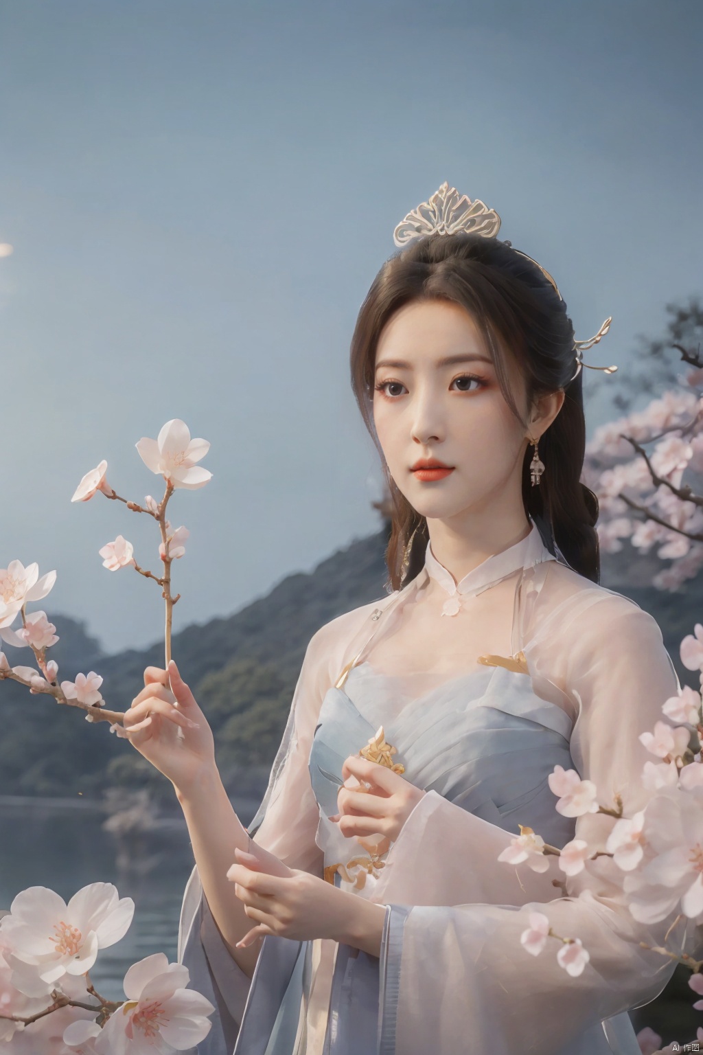  Upper body, panoramic view, exploring cherry blossom branches, fairyland, light blue elements, night, side light shining on the face,Xlujiejie,Xyunxi, Xlongnv, Yunxiao_Fairy,Xtianhu