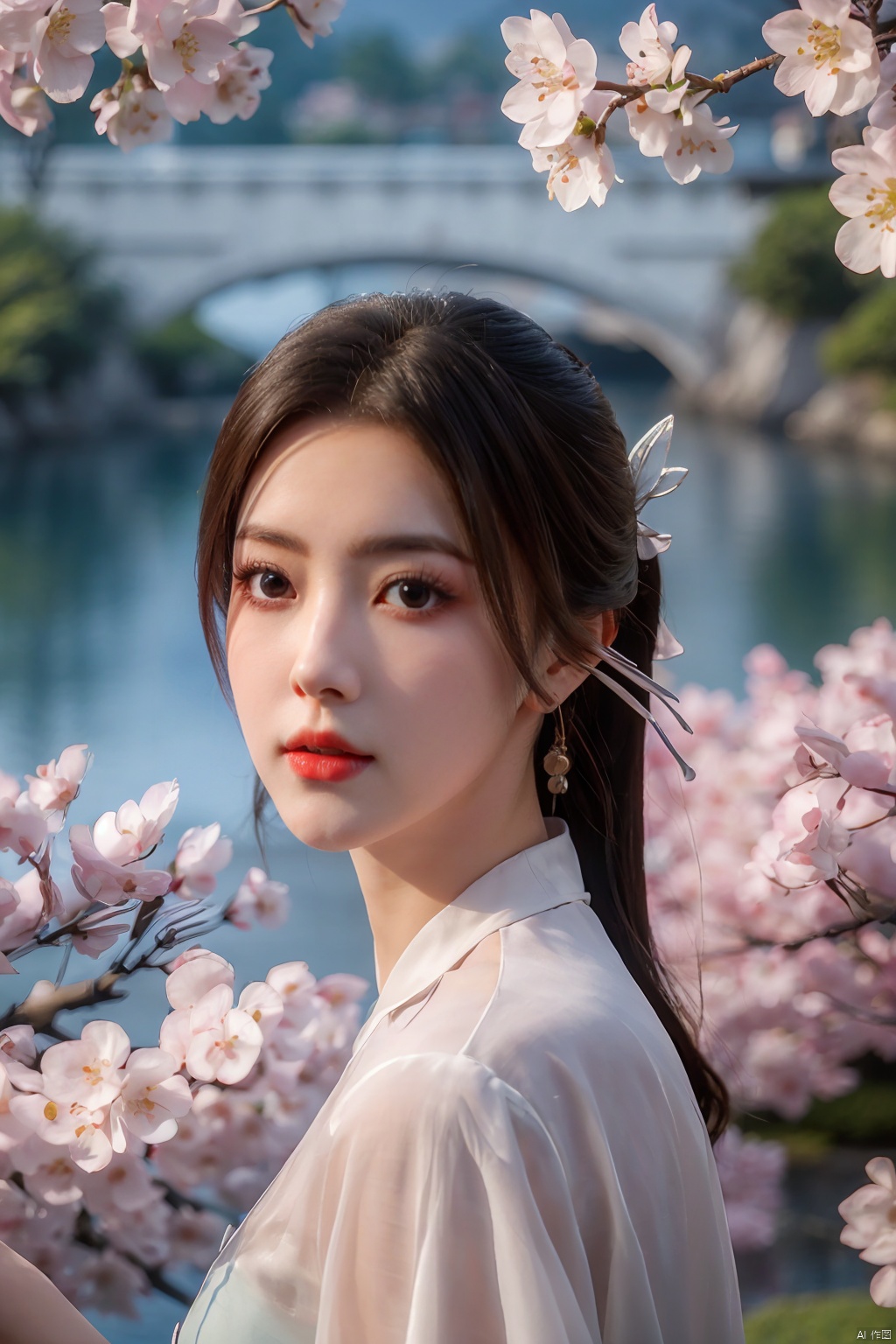  Upper body, panoramic view, exploring cherry blossom branches, fairyland, light blue elements, night, side light shining on the face,Xlujiejie,Xyunxi, Xlongnv, Yunxiao_Fairy,Xtianhu