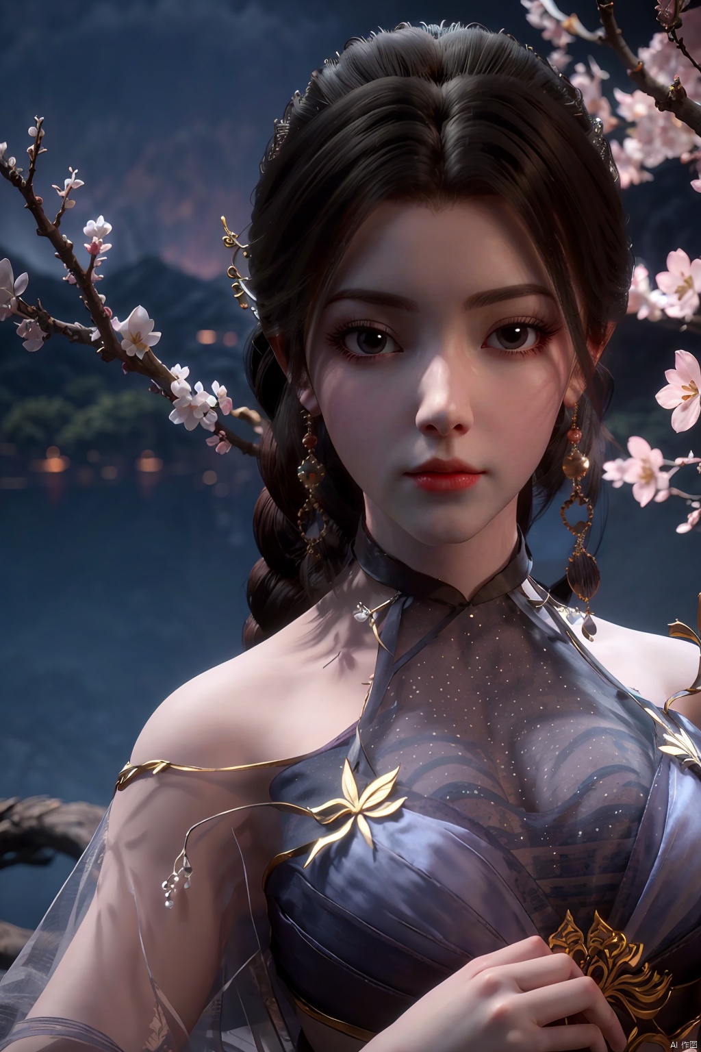  Upper body, panoramic view, exploring cherry blossom branches, fairyland, light blue elements, night, side light shining on the face,Xlujiejie,Xyunxi, Xlongnv, Yunxiao_Fairy,Xtianhu