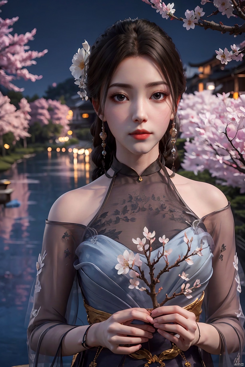  Upper body, panoramic view, exploring cherry blossom branches, fairyland, light blue elements, night, side light shining on the face,Xlujiejie