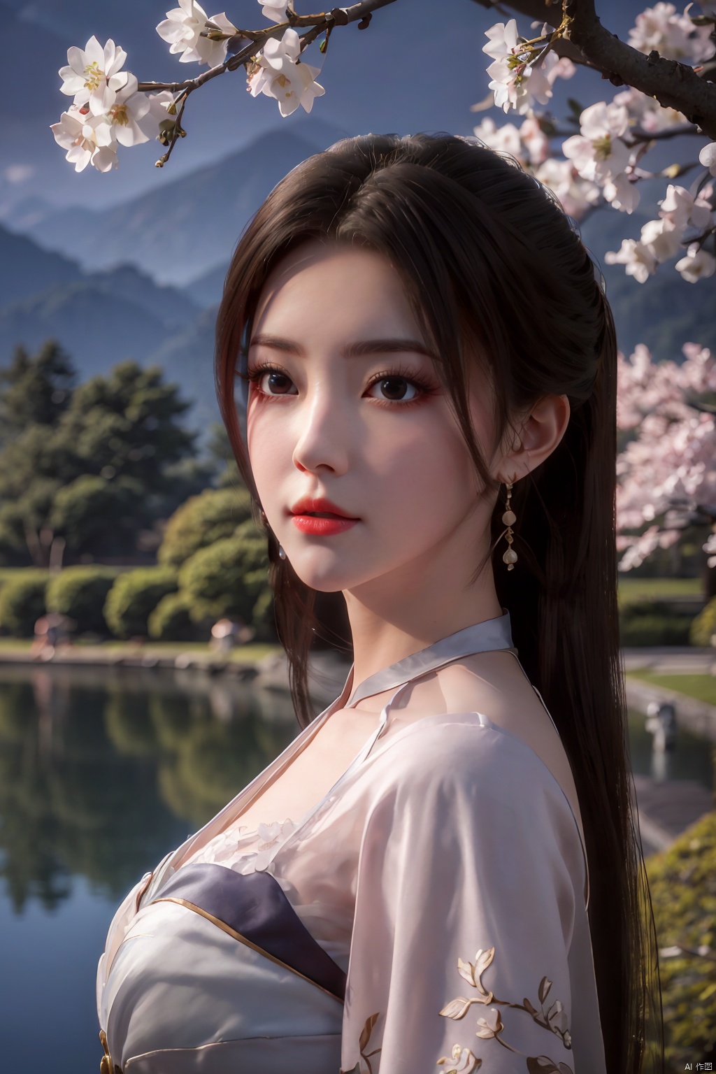  Upper body, panoramic view, exploring cherry blossom branches, fairyland, light blue elements, night, side light shining on the face,Xlujiejie,Xyunxi, Xlongnv, Yunxiao_Fairy,Xtianhu