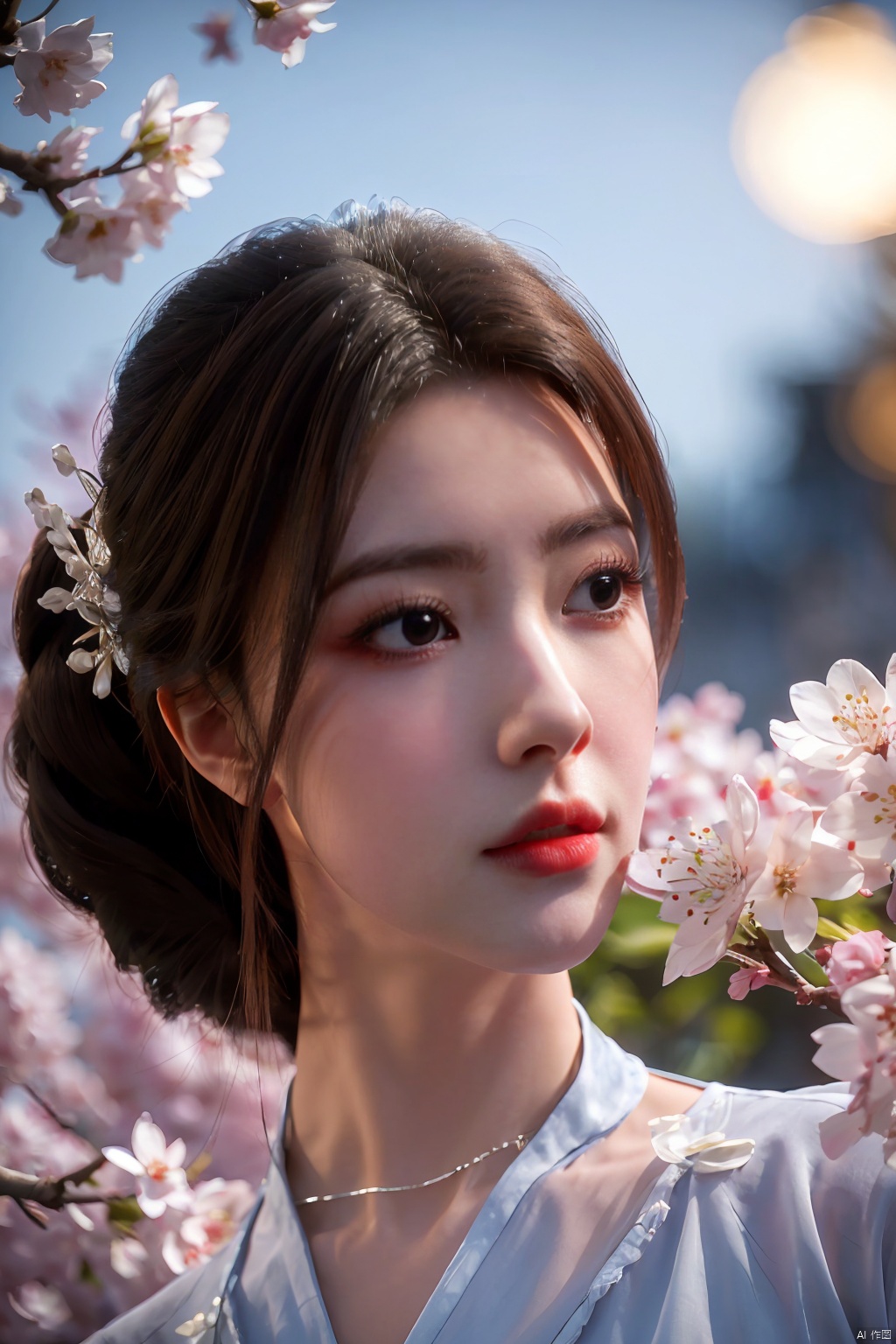  Upper body, panoramic view, exploring cherry blossom branches, fairyland, light blue elements, night, side light shining on the face,Xlujiejie,Xyunxi, Xlongnv, Yunxiao_Fairy,Xtianhu