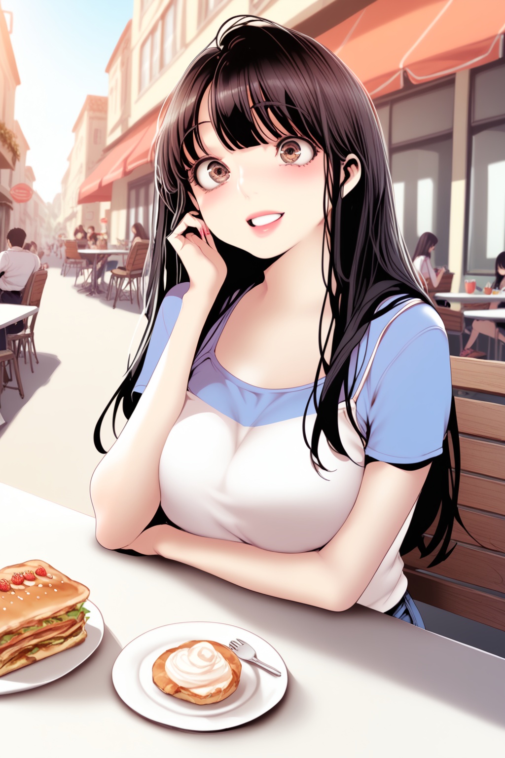 casual outfit ,  at cafe ,  beautiful town on Tensor.Art