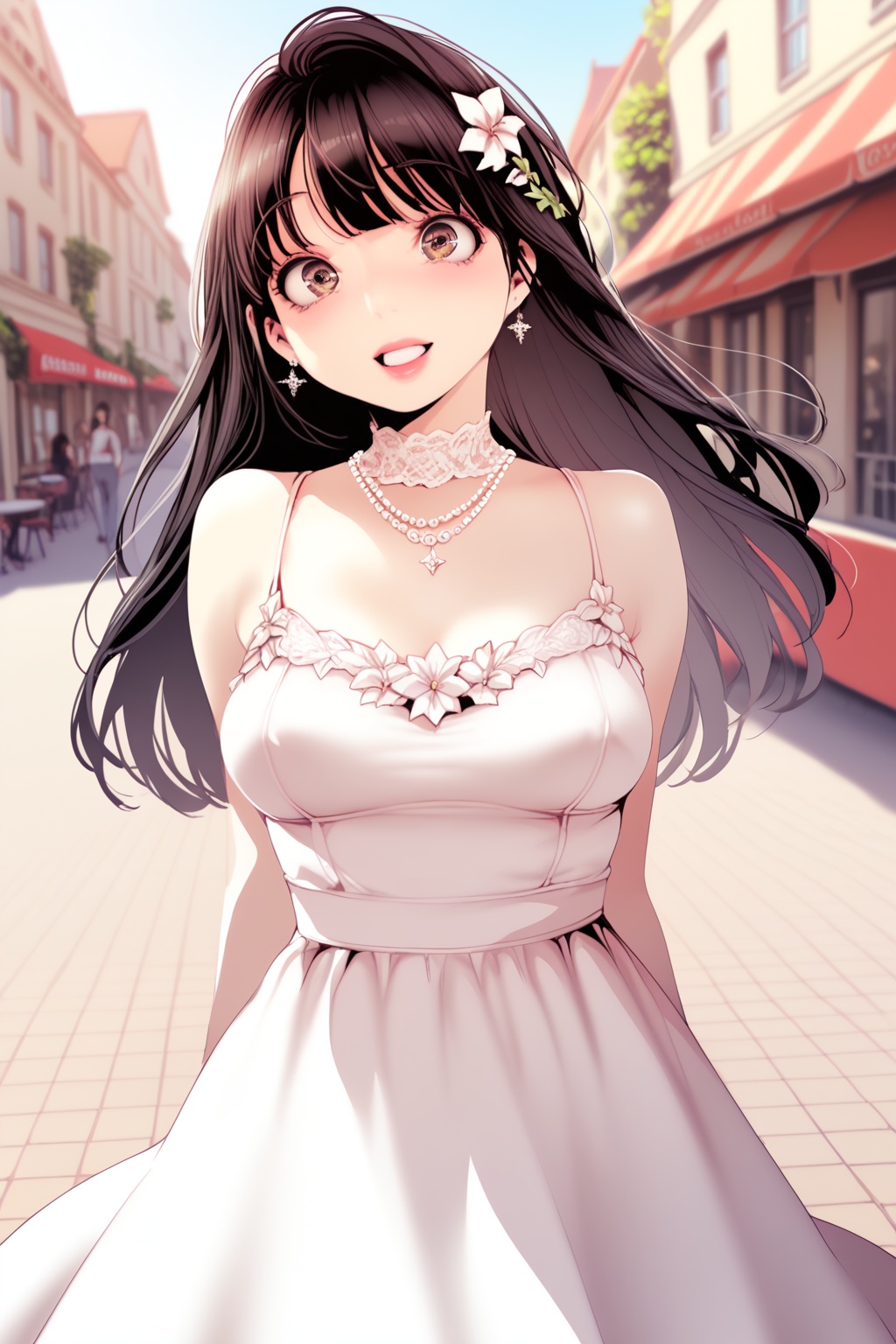 elegant outfit ,  at cafe ,  beautiful town on Tensor.Art