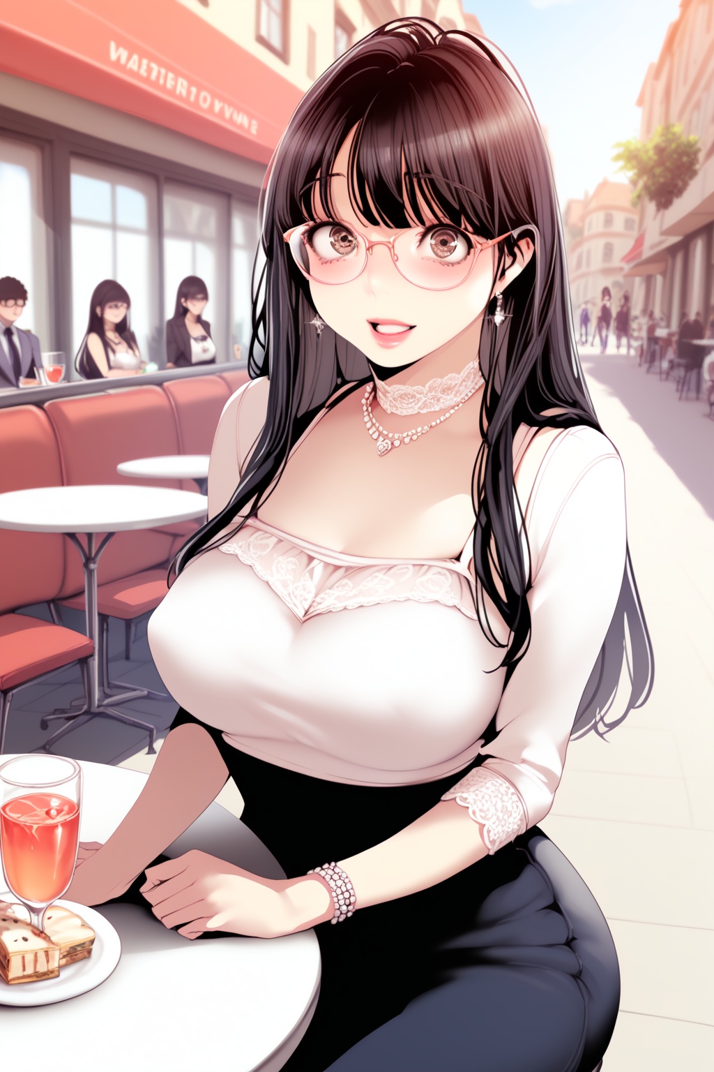 elegant outfit ,  at cafe ,  beautiful town on Tensor.Art