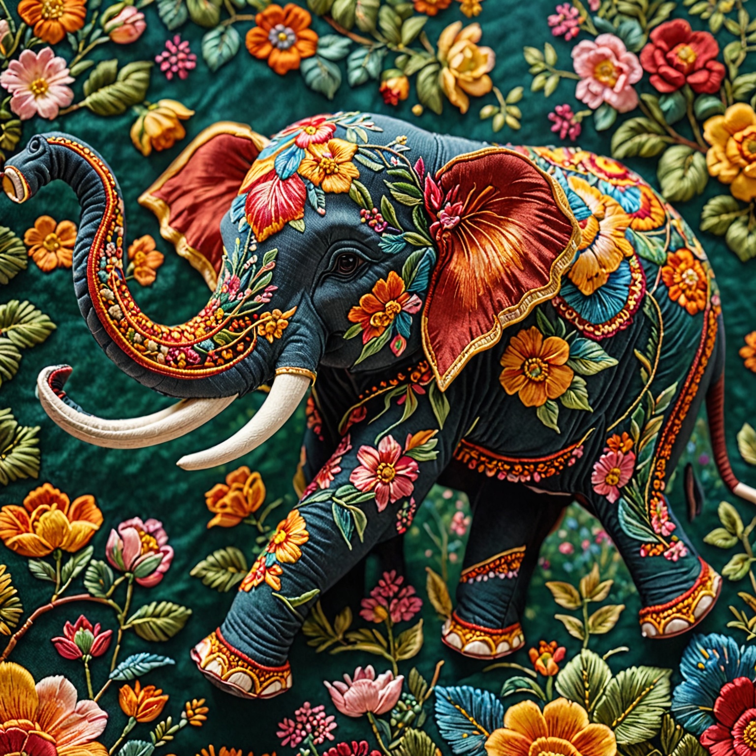 An intricately designed elephant,  adorned with vibrant and detailed floral patterns in various colors. The elephant appea...