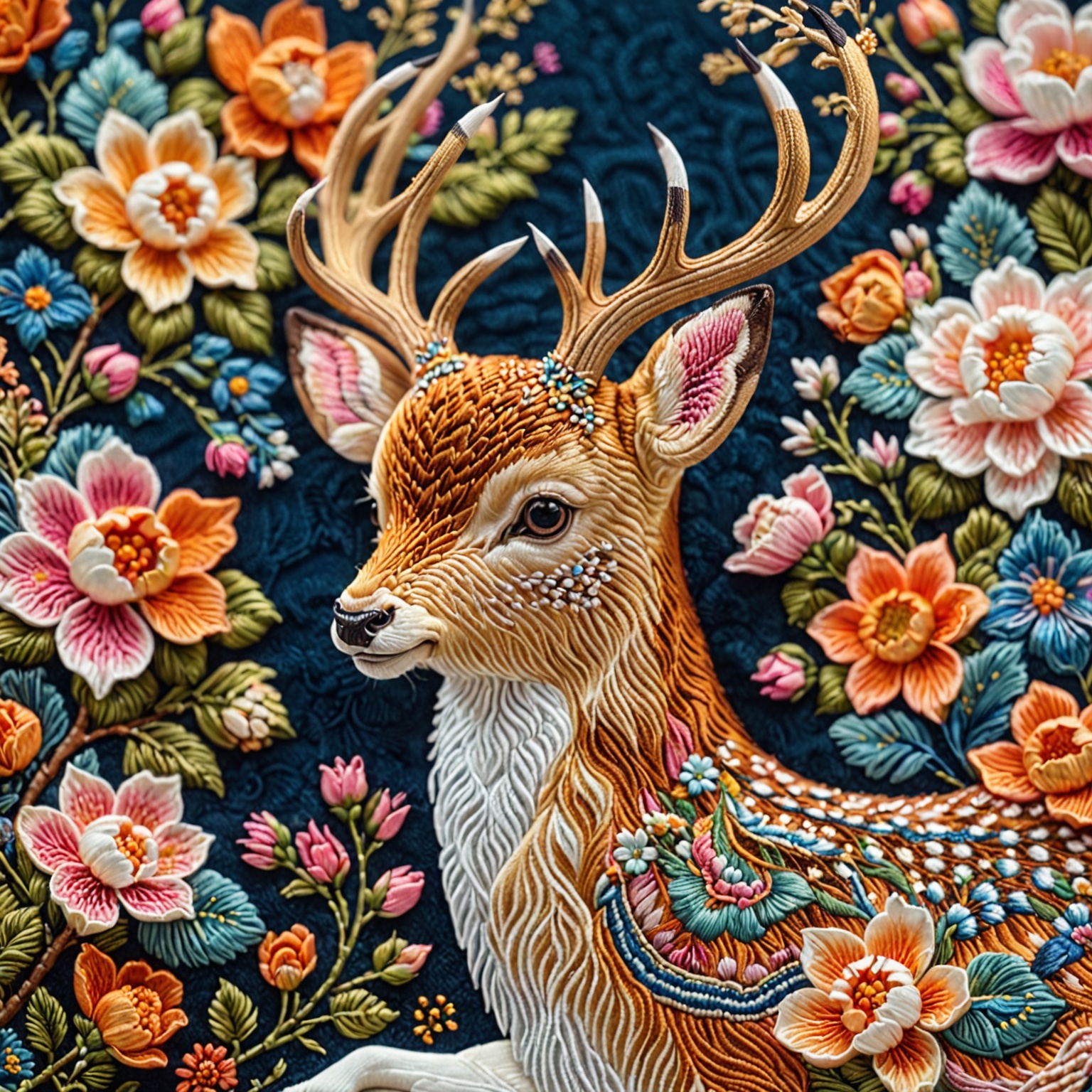 An intricately designed piece of artwork,  where a deer with ornate antlers is the central figure. The deer is surrounded...