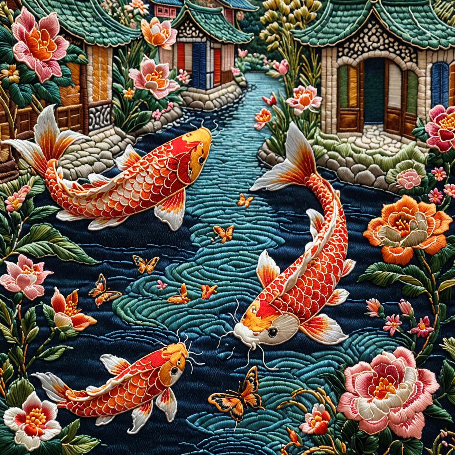 An intricate embroidery artwork. It features two vibrant koi fish swimming amidst a serene pond surrounded by lush flora....