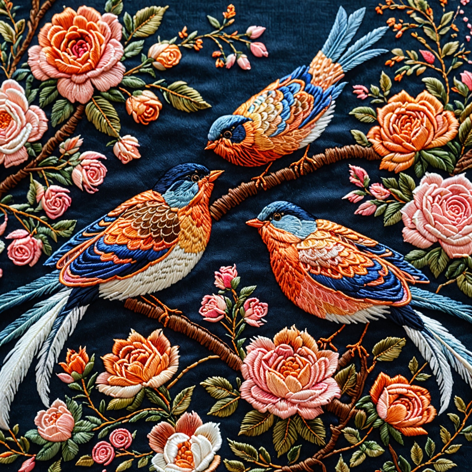 An intricate piece of embroidery on a dark background. It features two beautifully crafted birds,  with detailed feather p...