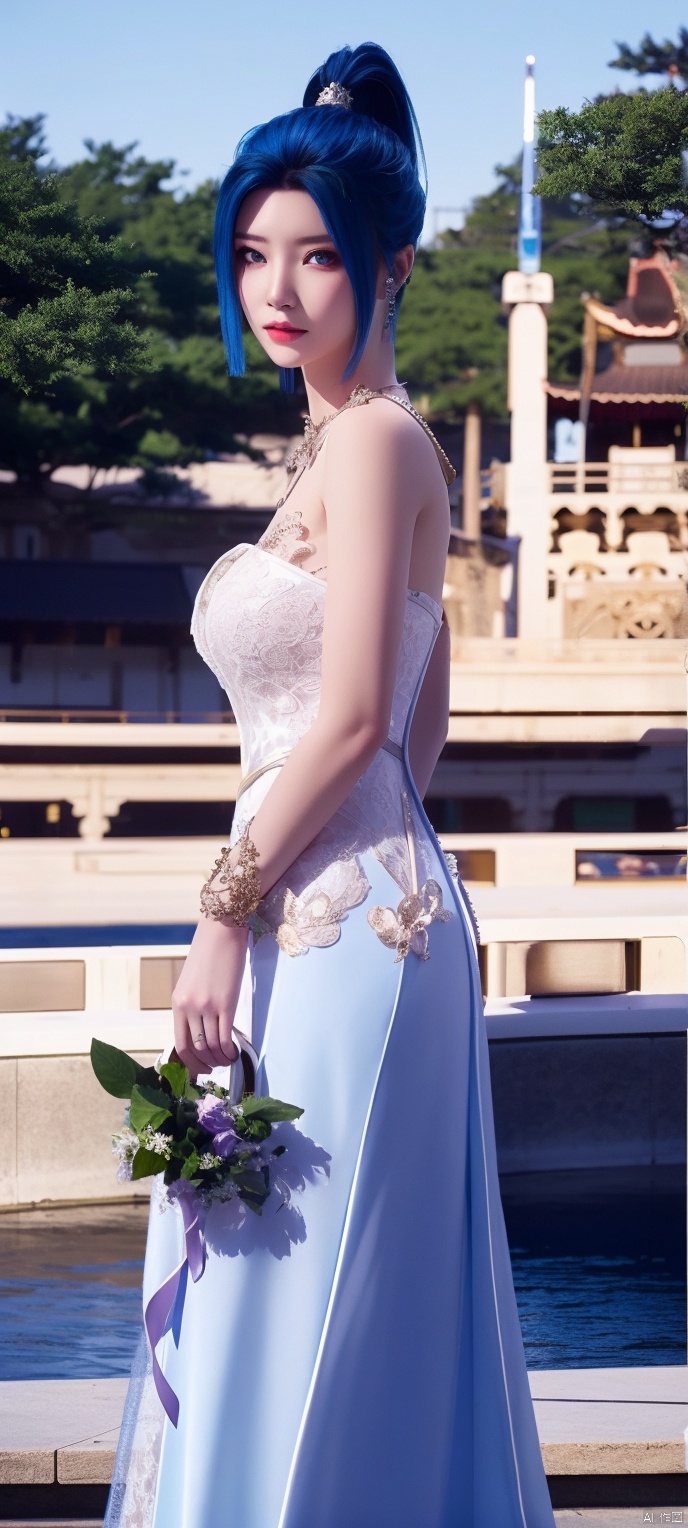 lingmeier, 1girl, blue wedding dress, (blue_hair:1.2) , solo, looking at viewer, cowboy_shot, realistic,masterpiece,best quality,