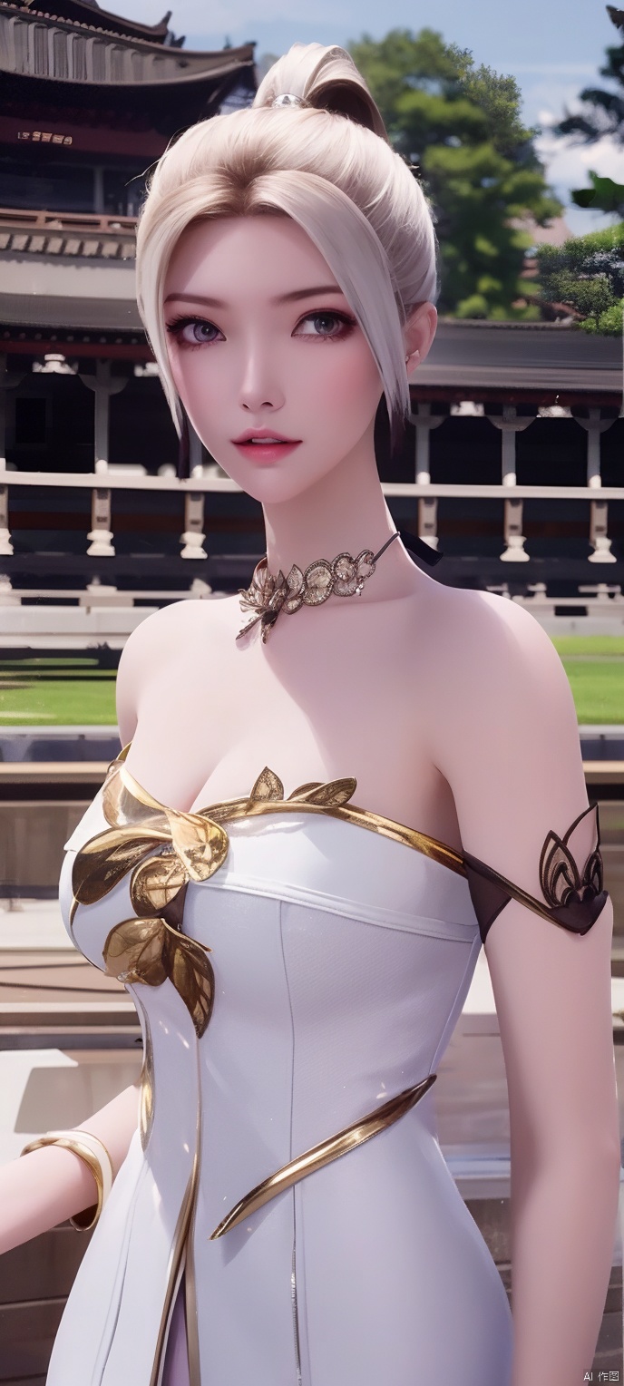  lingmeier, 1girl, solo, looking at viewer, wedding dress , white hair, cowboy_shot, realistic,masterpiece,best quality