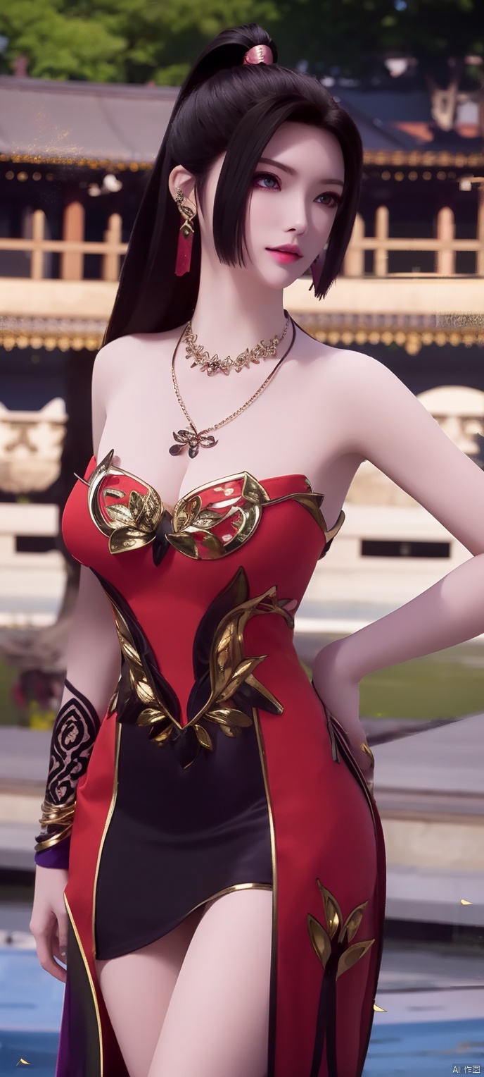 lingmeier, solo, red dress, jewelry, dress, looking at viewer, earrings, purple eyes, necklace, hair ornament, black hair, cowboy_shot, realistic,masterpiece,best quality